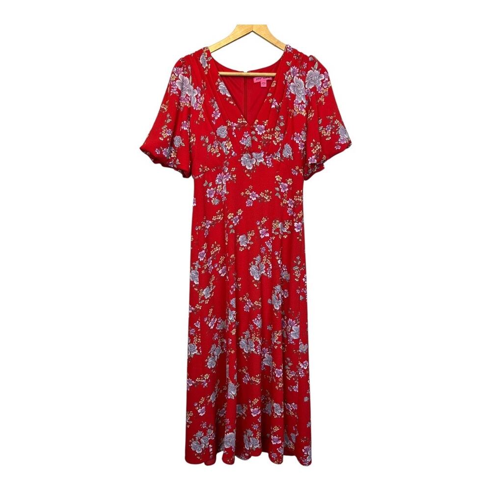 Betsey Johnson Red Floral Midi Dress Small Short Sleeve Fit Flare Cottagecore S